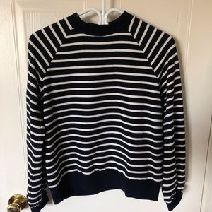 Navy and white striped mock neck sweater